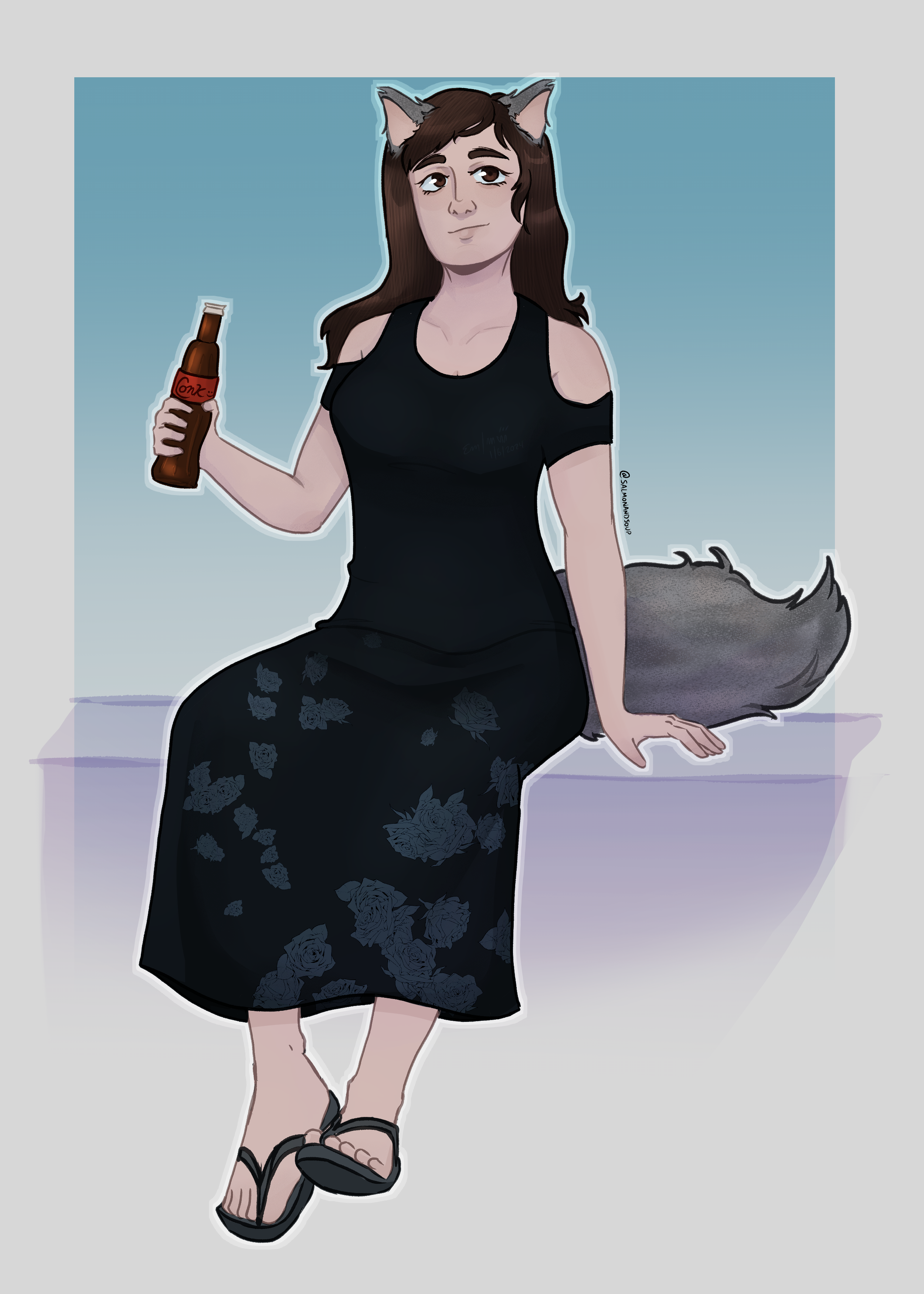 A foxgirl dressed in a black skirt and top drinking a coke, art by my friend SalmonandSoup